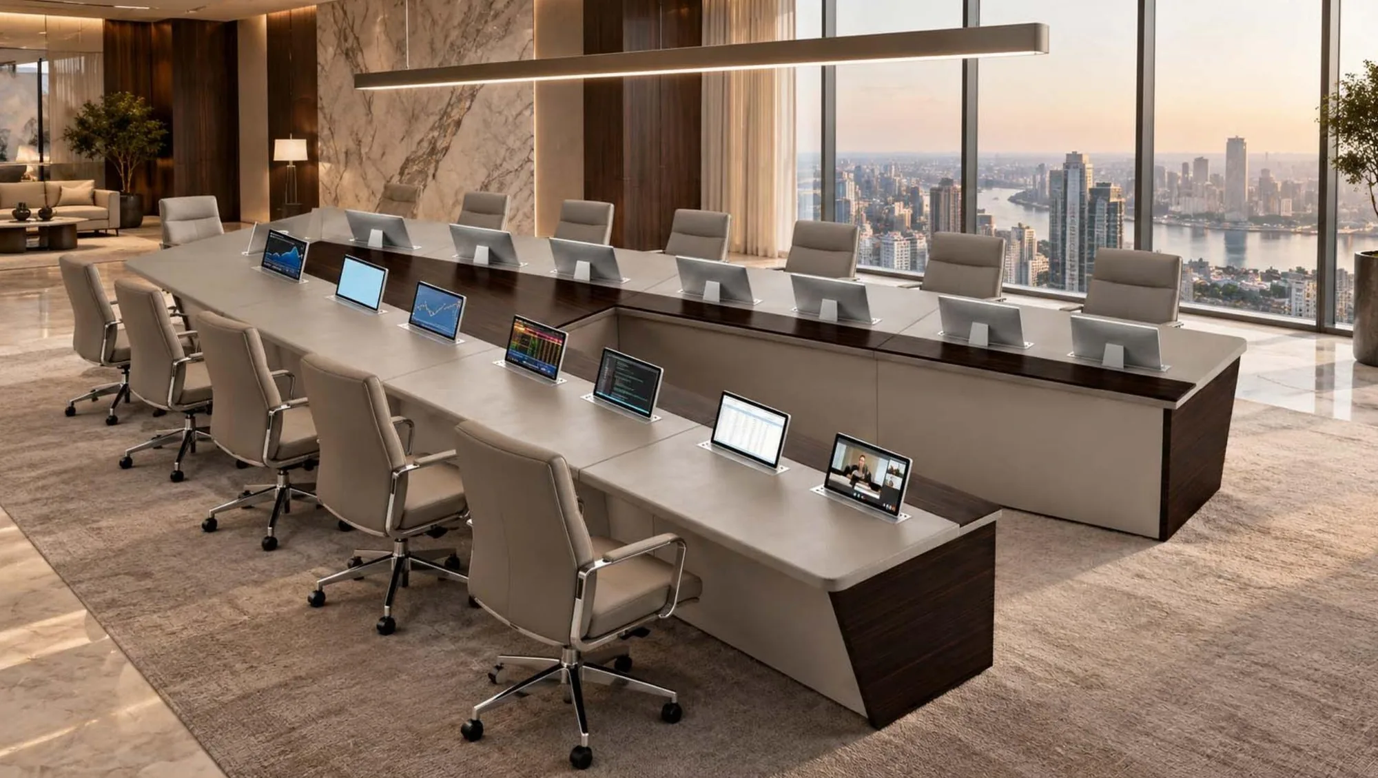 Diseño a medida: mesa de conferencias en V con pantallas integradas y vistas a la ciudad