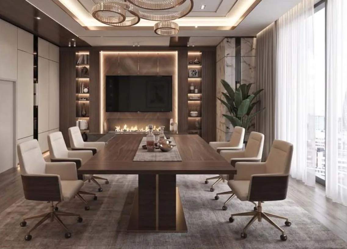 Diseño a medida: sala de reuniones ejecutiva con mesa de nogal, librerías iluminadas y chimenea