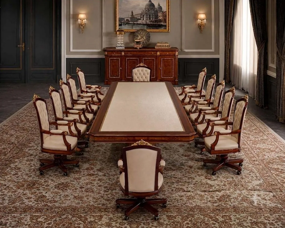 Diseño a medida: sala de consejo clásica con mesa de reuniones y sillones tapizados