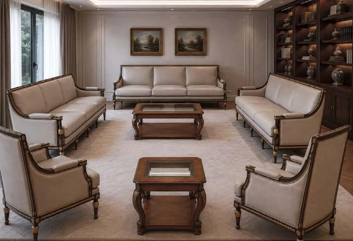 Bespoke design: classic waiting lounge with sofas, armchairs and coffee tables upholstered in light leather