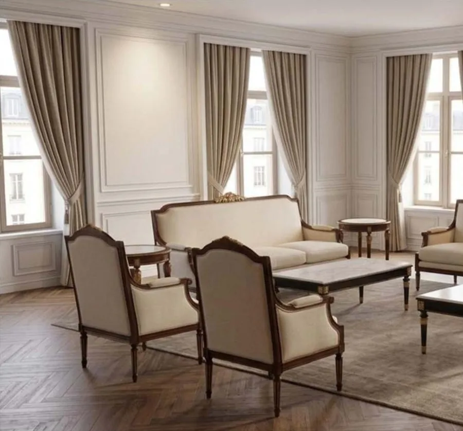 Bespoke design: classic reception lounge with a sofa and armchairs upholstered in cream fabric