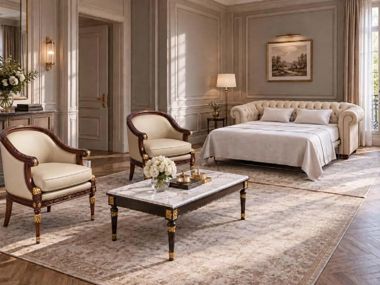 Diseño a medida: salón privado clásico con sofá cama chesterfield y butacas