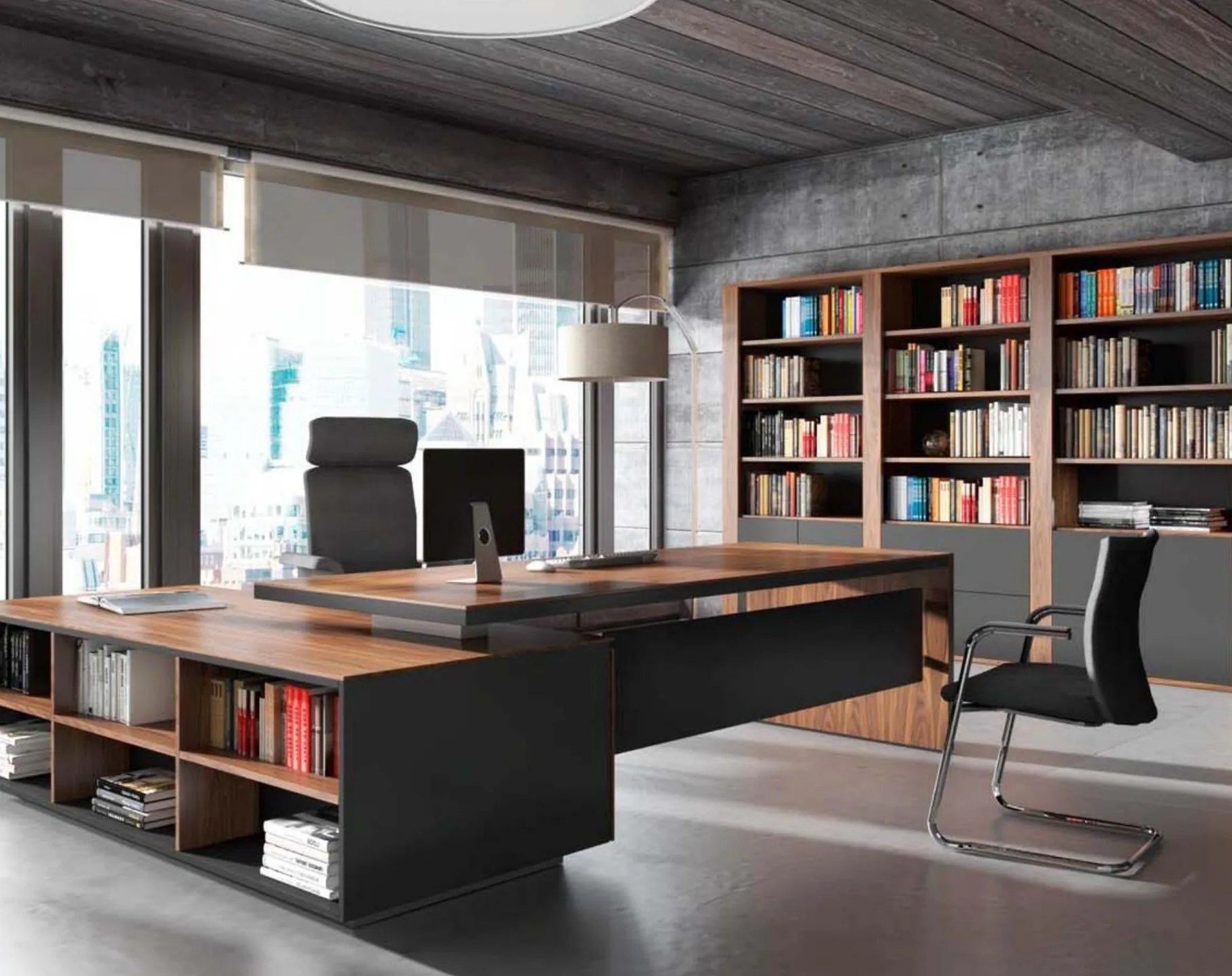 Diseño a medida: despacho de dirección contemporáneo con mesa en L en nogal y laca negra y librería a juego