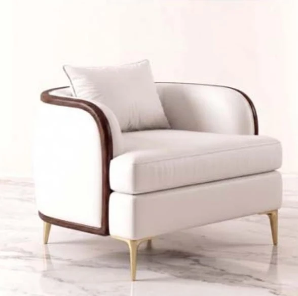 Modern lounge armchair in light leather with a curved timber frame