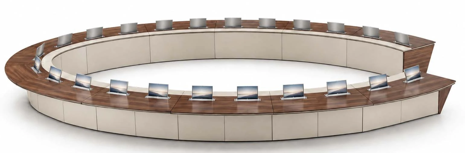Mesa de conferencias oval de gran formato en madera y crema con pantallas integradas