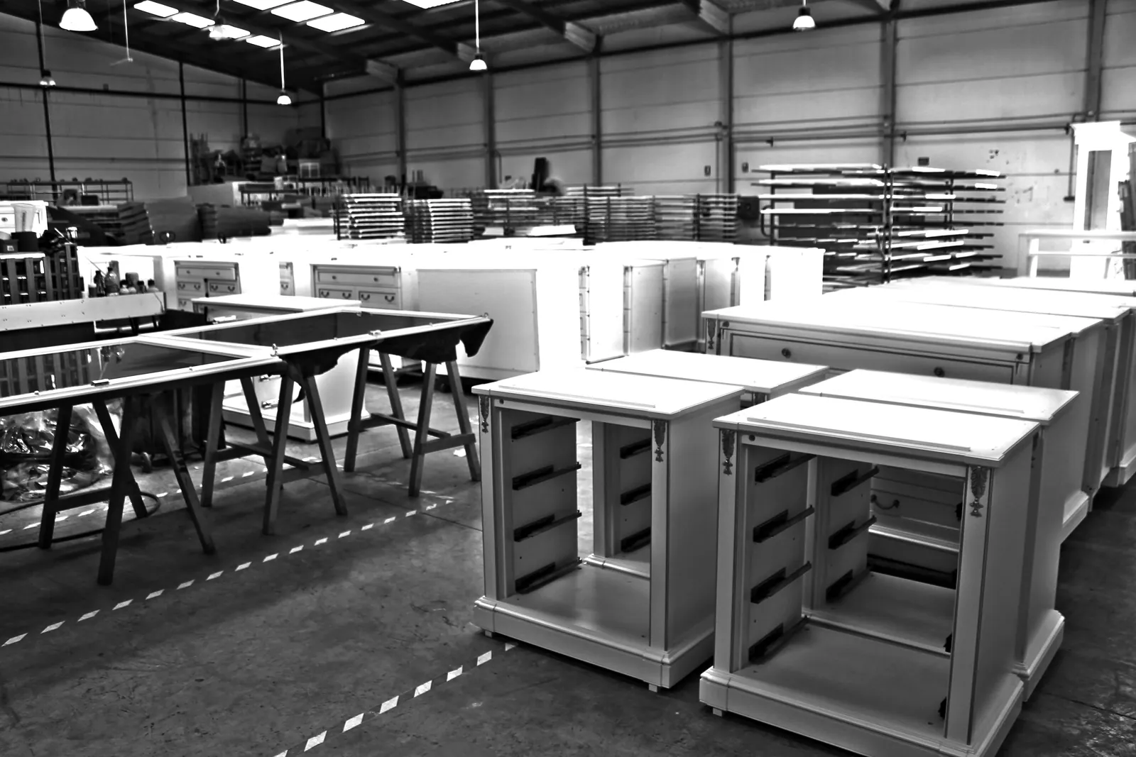 Workshop floor with furniture pieces in production