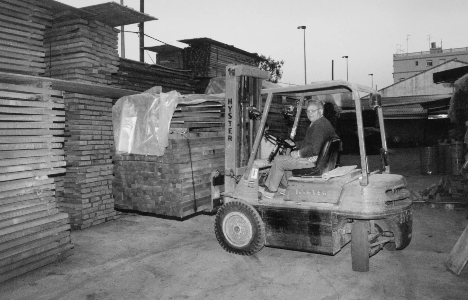 Timber yard with a forklift