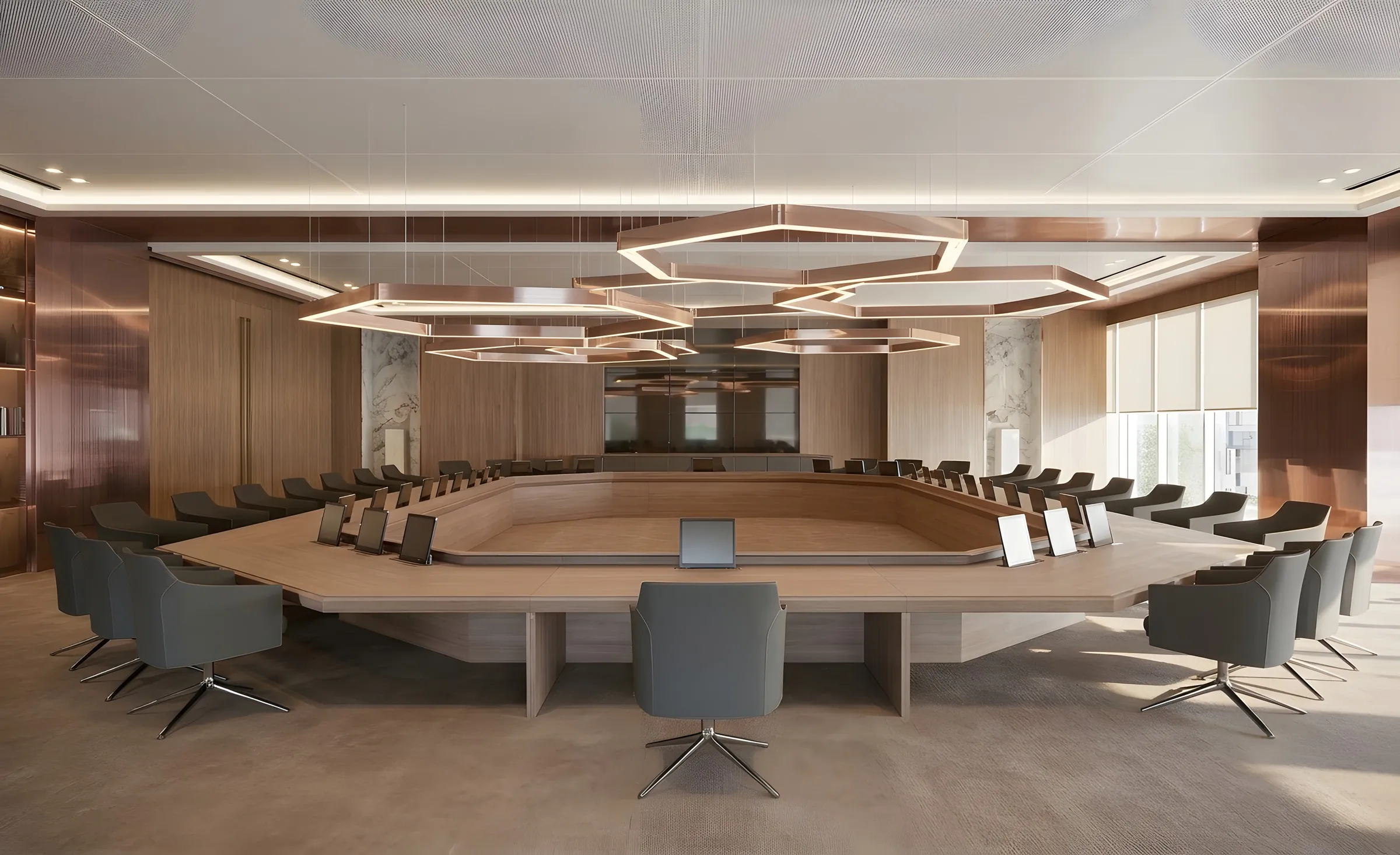 Bespoke design: boardroom with wooden table, armchairs and hexagonal pendant lights